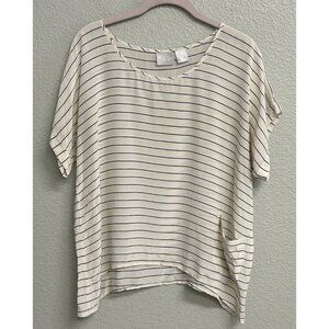 LiLu 100% Silk Short Sleeve Crew Neck Blouse Size Small Ivory Black Striped